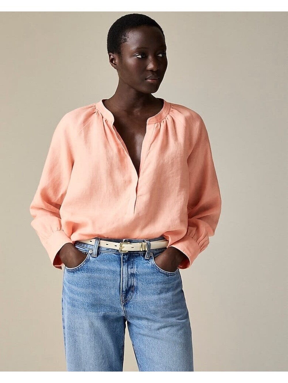 J. Crew Cabana Top in Linen Long Sleeve V-Neck Pink Flowy Blouse Small S Shirt